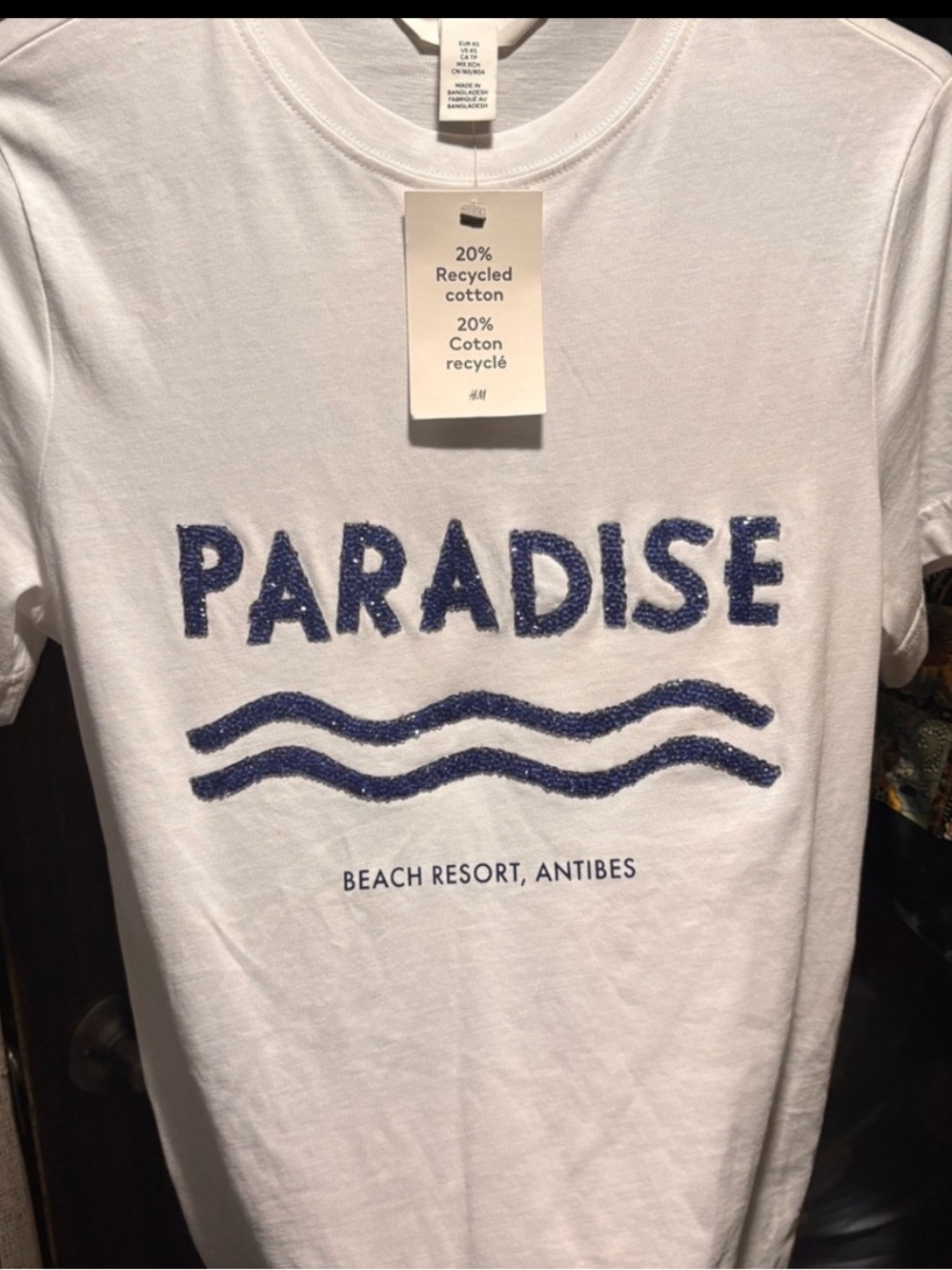 H&M White Cotton ‘PARADISE' Graphic Tee with Blue Glitter Design oversized XS